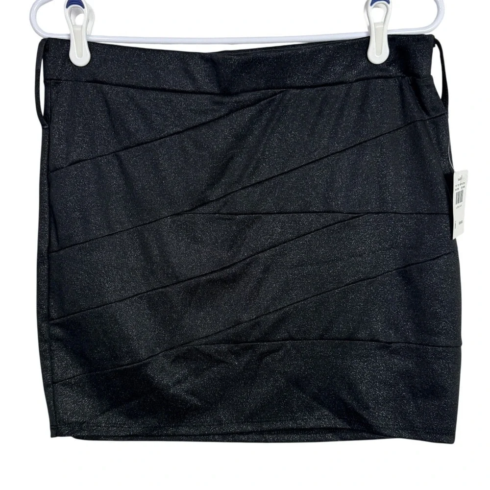 Vanity Womens Black Metallic Shimmer Mini‎ Skirt Tiered Bodycon Party Large NWT